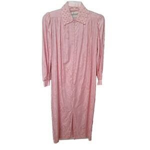 Vintage 80s Pearl Collar House Coat Pink Damask Women Size Small
